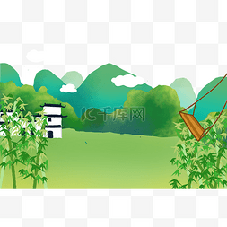 绿色山水竹子装饰图片_春天景色秋千竹子风景绿色海报边