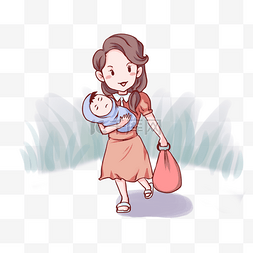 妇女节宝宝图片_手绘女神节抱着宝宝开心出门的妈