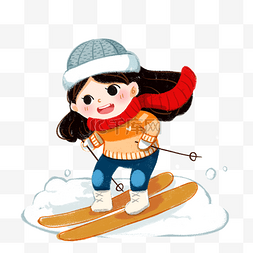 雪花插画素材图片_冬季滑雪场滑雪的戴帽子的小女孩