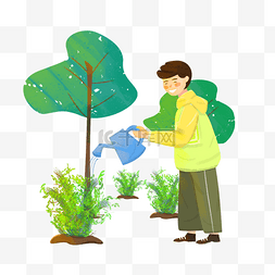 树叶插画免费下载图片_植树节浇水的小男孩