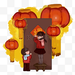 新年插画挂灯笼图片_过年放假欢度中国年主题卡通插画