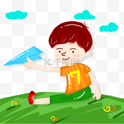 卡通动漫草地图片_在草地上放飞飞机的男孩