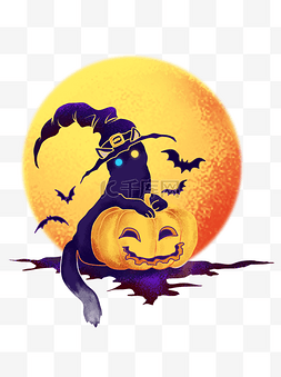 万圣节巫师帽元素图片_可商用万圣节手绘卡通可爱黑猫蝙