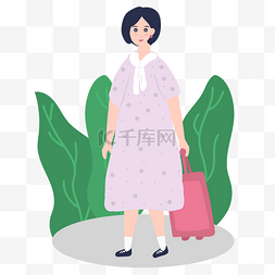 拿行李的图片_卡通插画风拿行李的短发女孩