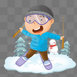 滑雪板插画图片_冬季旅行滑雪的小男孩