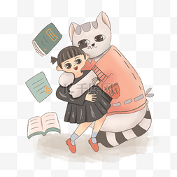 卡通可爱女孩和猫拥抱