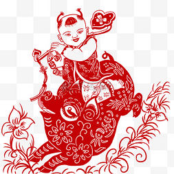 猪年剪纸新年快乐图片_剪纸骑猪孩子