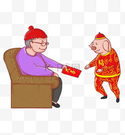 新年拜年卡通插画图片_2019新年喜庆猪猪给长辈拜年卡通