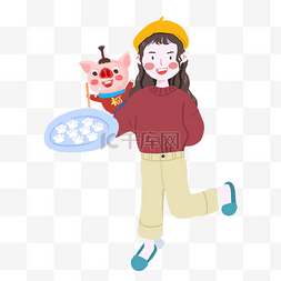 春节冬至卡通手绘拿着饺子的小女