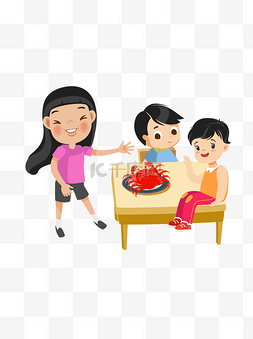 小孩做饭图片_一起吃螃蟹的母子可商用元素
