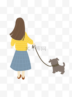 牵狗图片_卡通女孩牵着狗狗散步元素