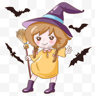 女巫帽子扫把万圣节装扮插画