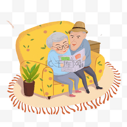 情侣生活插画图片_手绘插画沙发中看报纸的夫妻