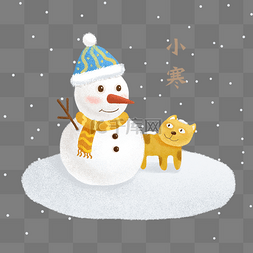 下雪猫图片_手绘小寒雪人和玩耍的猫