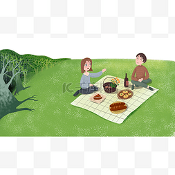 手绘卡通一家人野餐免扣元素