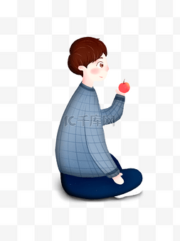 手绘卡通男孩坐在地上吃苹果元素