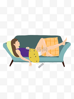 抱枕睡觉图片_手绘沙发上睡觉的女生可商用元素