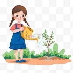 卡通植树节图片_植树节浇水的小女孩