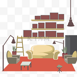 莫兰蒂色系图片_扁平化手绘插画室内设计客厅家具