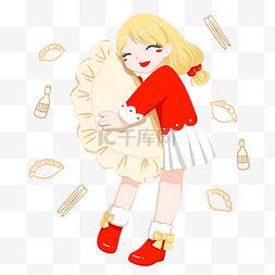 传统女孩q版图片_新年吃饺子可爱少女抱着大饺子手