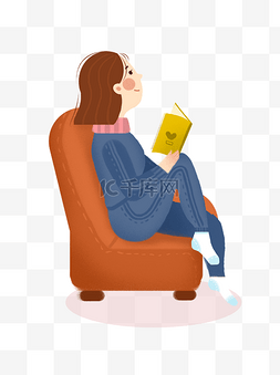 坐沙发手绘图片_温馨坐在沙发上看书的女孩可商用
