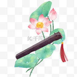 插画荷花图片_中国风手绘荷花琴棋书画系列之琴