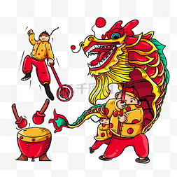 年画风图片_手绘卡通喜庆新年场景舞狮