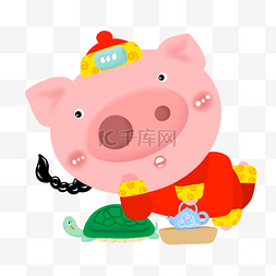 卡通大鼻子图片_新年在家悠闲喝茶逗乌龟的小猪猪