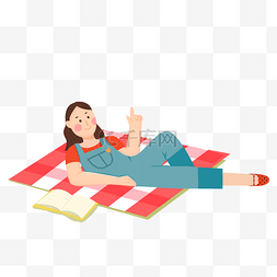 躺在格子垫子上看书的女孩免抠图