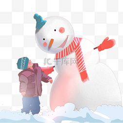 小孩和雪人一起玩耍