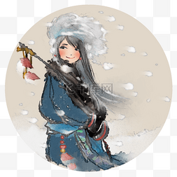 雪景图图片_中国风水墨画微笑藏族女孩雪景图