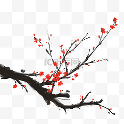 水墨树枝写意图片_冬季红色梅花树枝水墨写意单棵唯