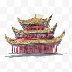 ps水彩插画卡通图片_岳阳楼的水彩建筑