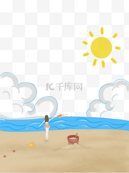 海边沙滩阳光图片_海边沙滩度假少女手绘插画免费下