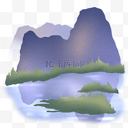 绿色山水山水图片_紫色山峦与倒影的河流