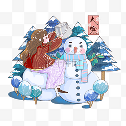 腊月二十四节气大寒森林雪人少女