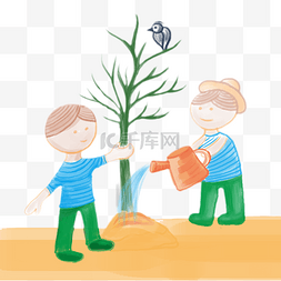 小人浇水浇水图片_植树节蓝绿轻松风格植树浇水PNG免