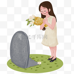 扫墓卡通图片_清明节祭祖的女孩插画