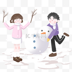 手绘冬季树枝图片_大寒堆雪人插画图
