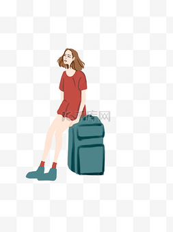 森系手绘文艺图片_坐行李箱的女孩