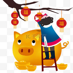 猪的灯笼图片_金色的金猪卡通人物插画
