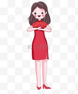 红色的长裙图片_过大年拜年的红衣女孩