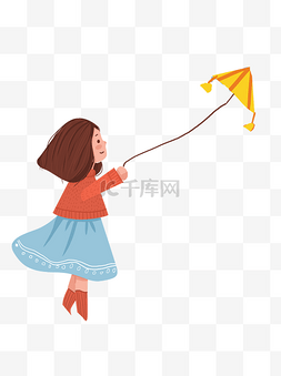 手绘卡通女孩放风筝元素