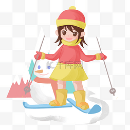 滑雪人图片_手绘冬季游玩滑雪女孩插画