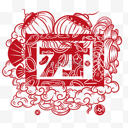 新年窗花剪纸图片_中国风红色团字红灯笼窗花剪纸