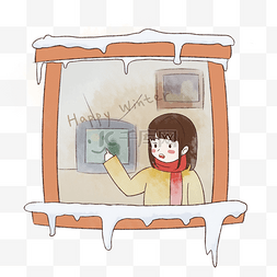 暖冬素材图片_冬季卡通手绘窗前玩耍的小女孩