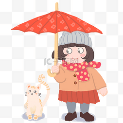 小女孩和小猫咪图片_打着雨伞和小猫咪一起的小女孩红