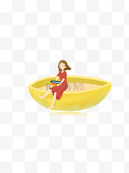 手绘坐在船上的女生插画设计可商