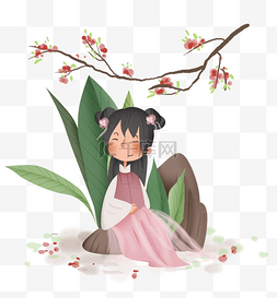 少女插图图片_春天桃花树下的粉色汉服儿童