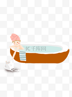 洗澡的宠物图片_卡通洗澡的女孩psd插画